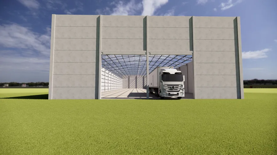 Armazém agrícola — Fachada com acesso de caminhão