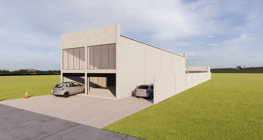 Pavilhão com mezanino e fachada de vidro — Perspectiva