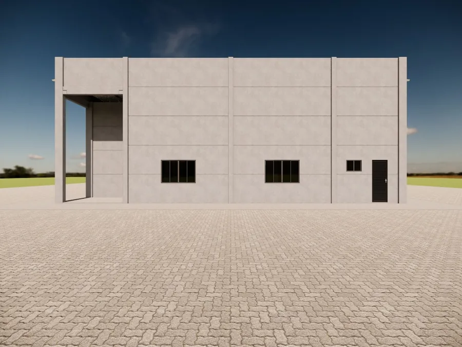Pavilhão comercial em concreto — Fachada frontal